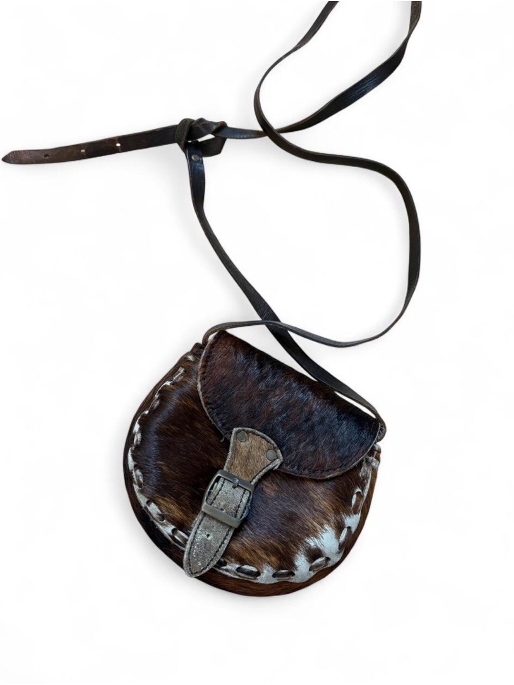 Leather Crossbody Saddle Bag with Hair-On Hide - Brown